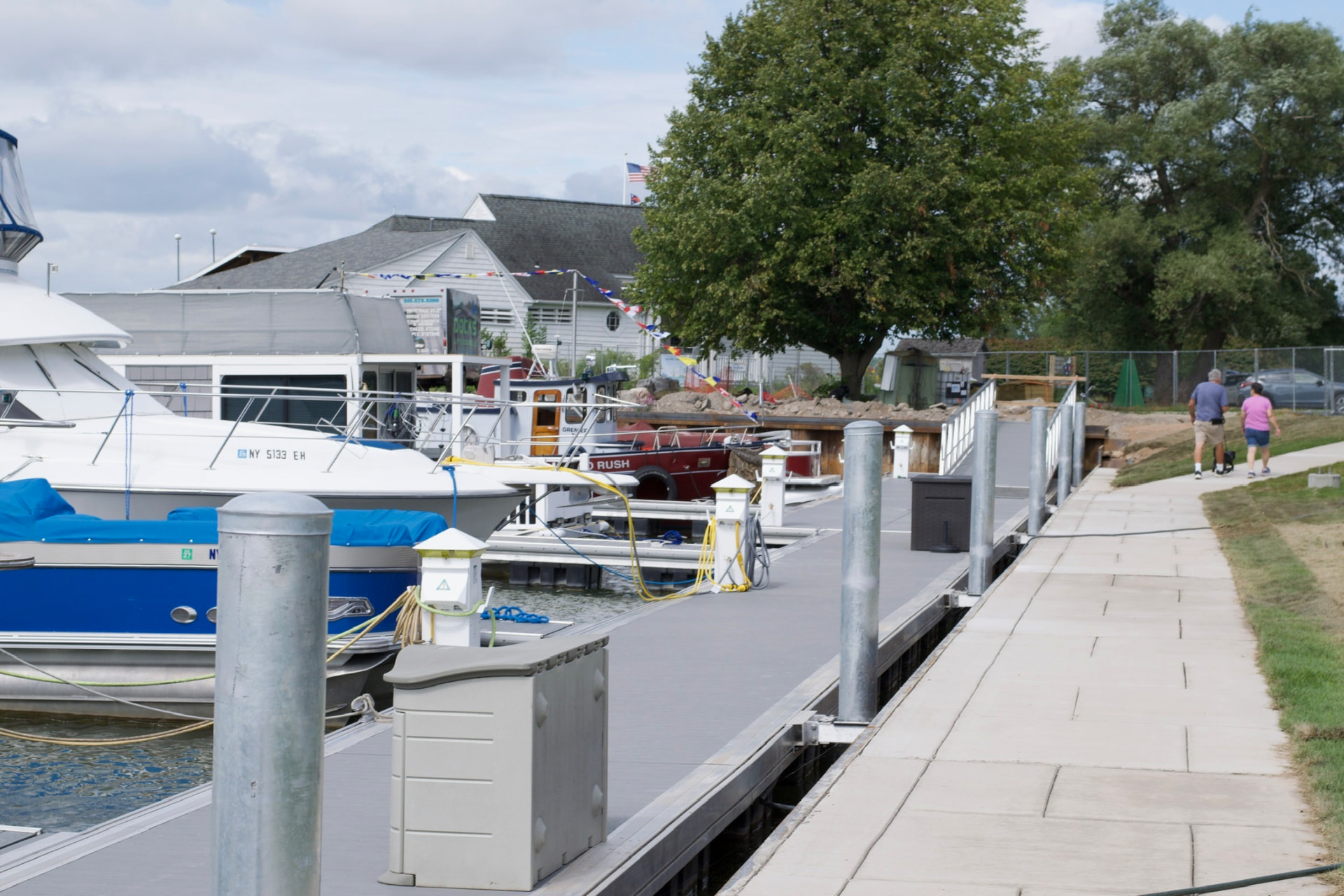 New floating dock system with boats moored at Onondaga Lake Park Marina