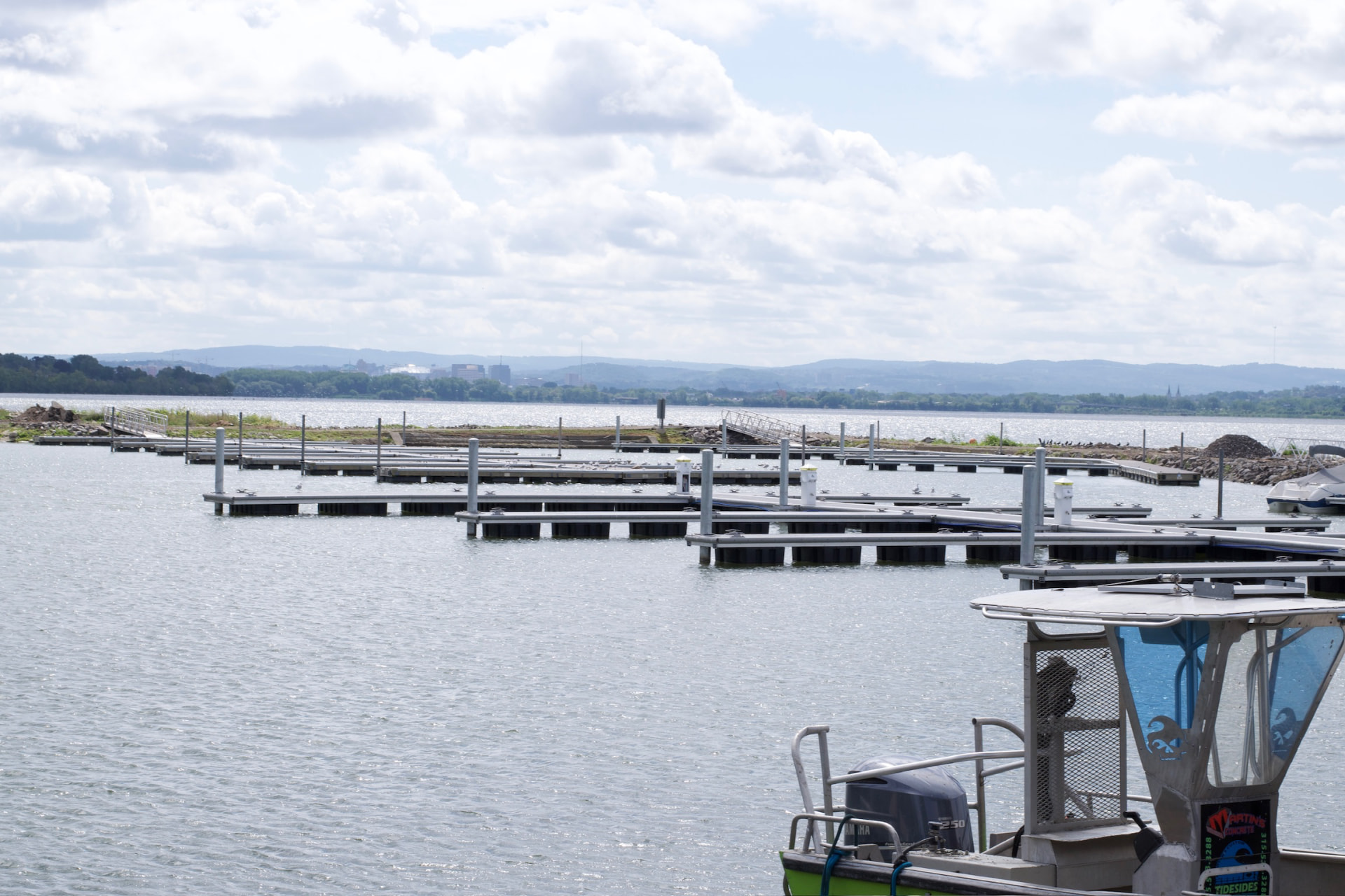 Wide view of the completed floating dock system at Onondaga Lake Park Marina
